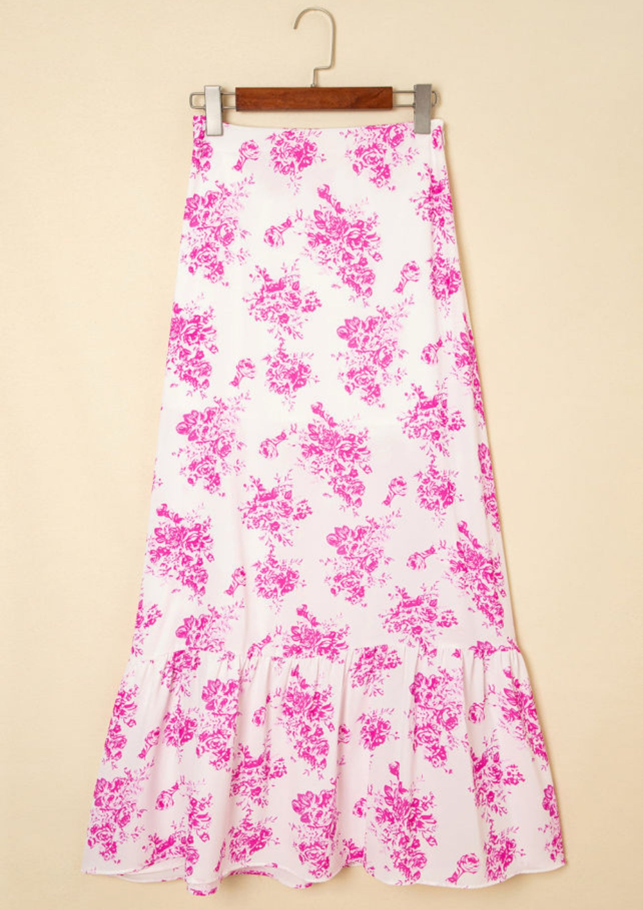 Boho Floral High Waist Ruffle Slit Skirt (Pink)