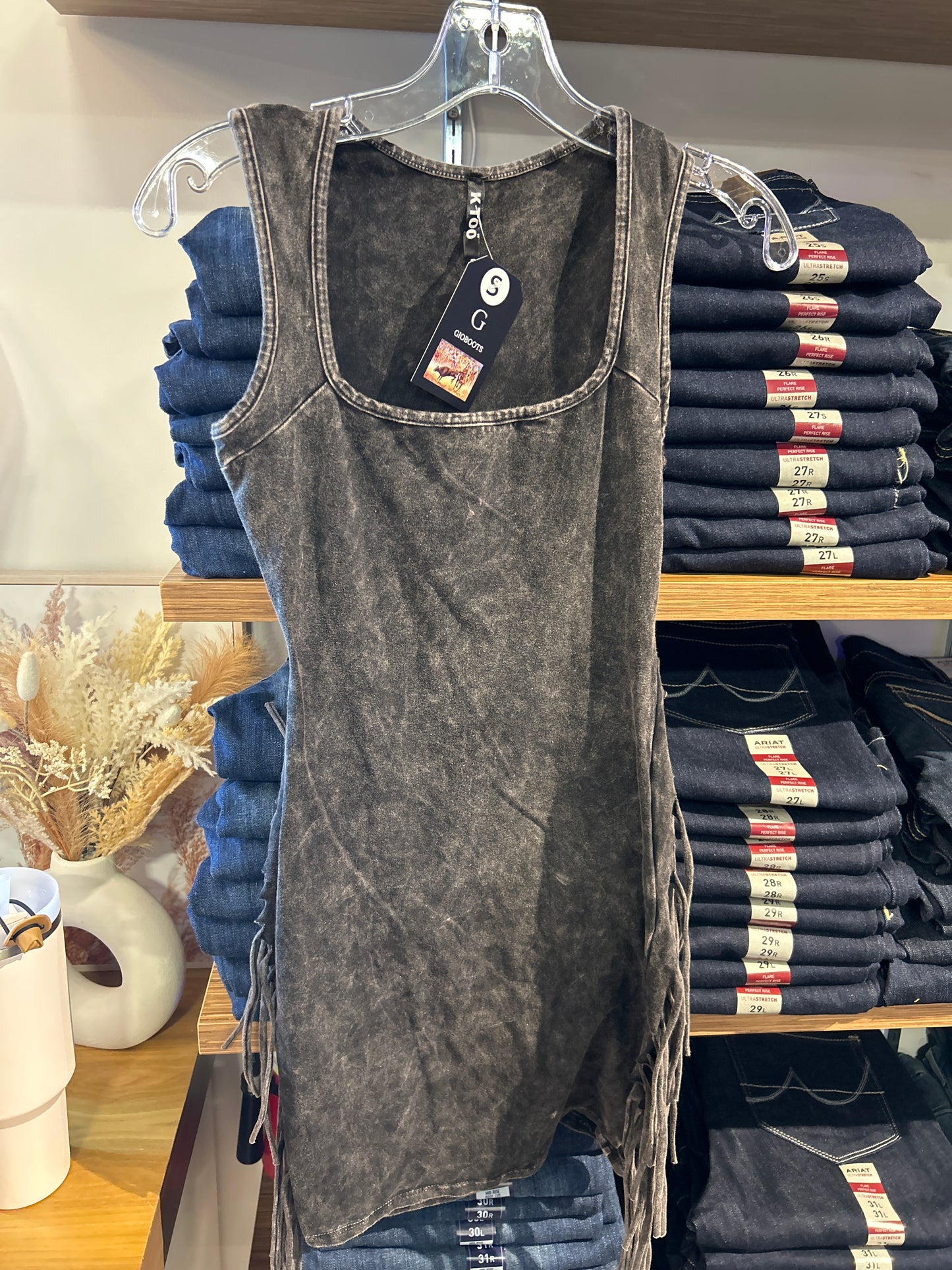 Charcoal fringe mini dress