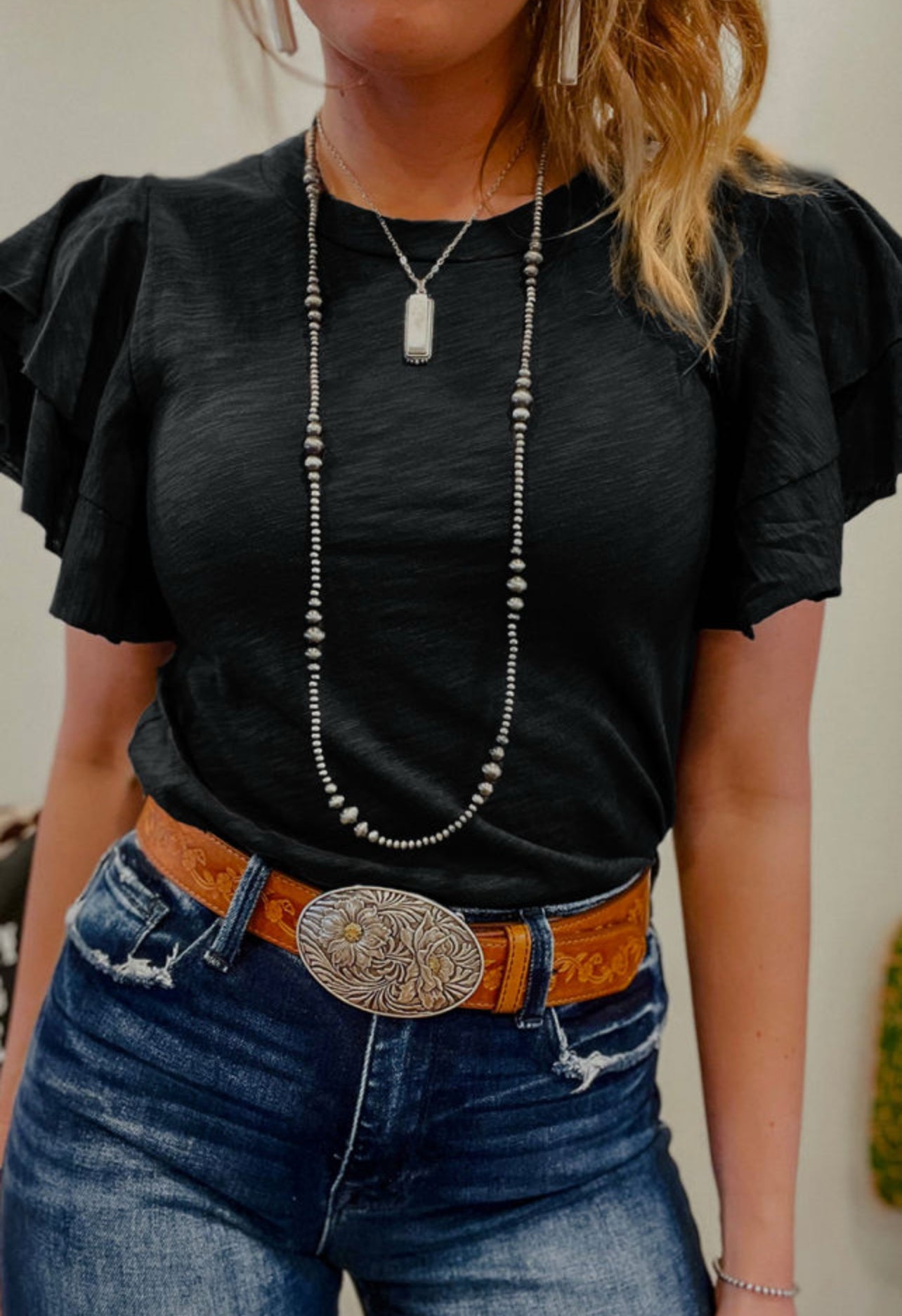 Black Layered Ruffle SL Ruched Top