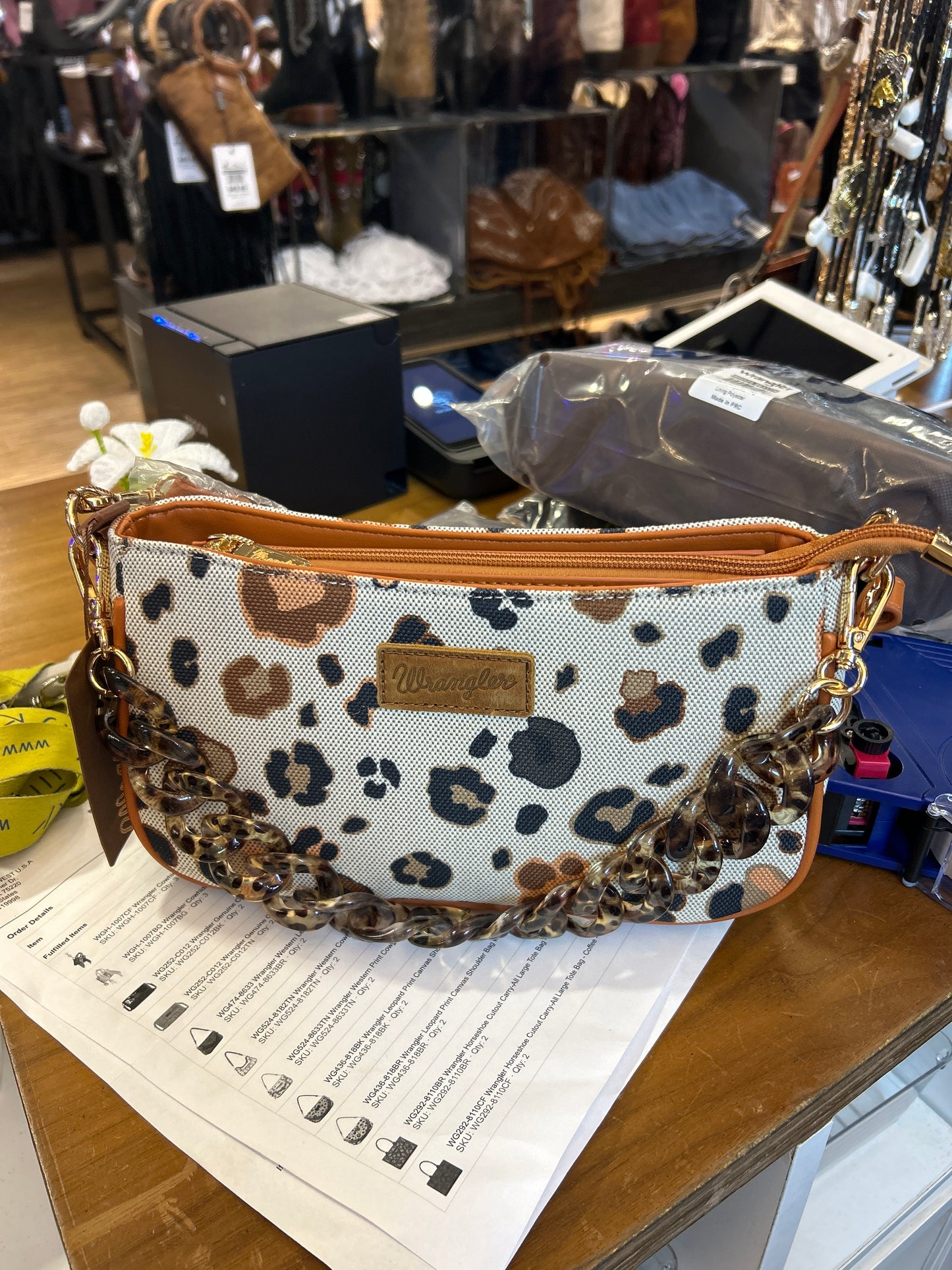 WG436-818BR Wrangler Leopard Print Canvas Shoulder Bag with Chain Strap - Brown