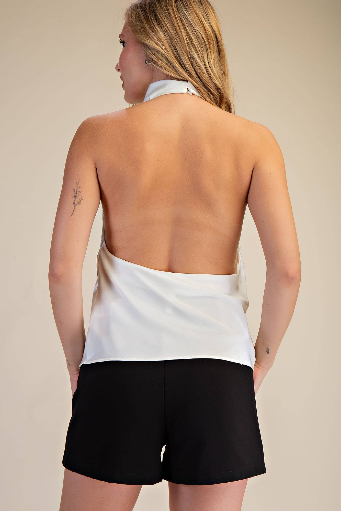 Halter Openback Neck Cowl Neck Sleeveless Satin Top
: Black