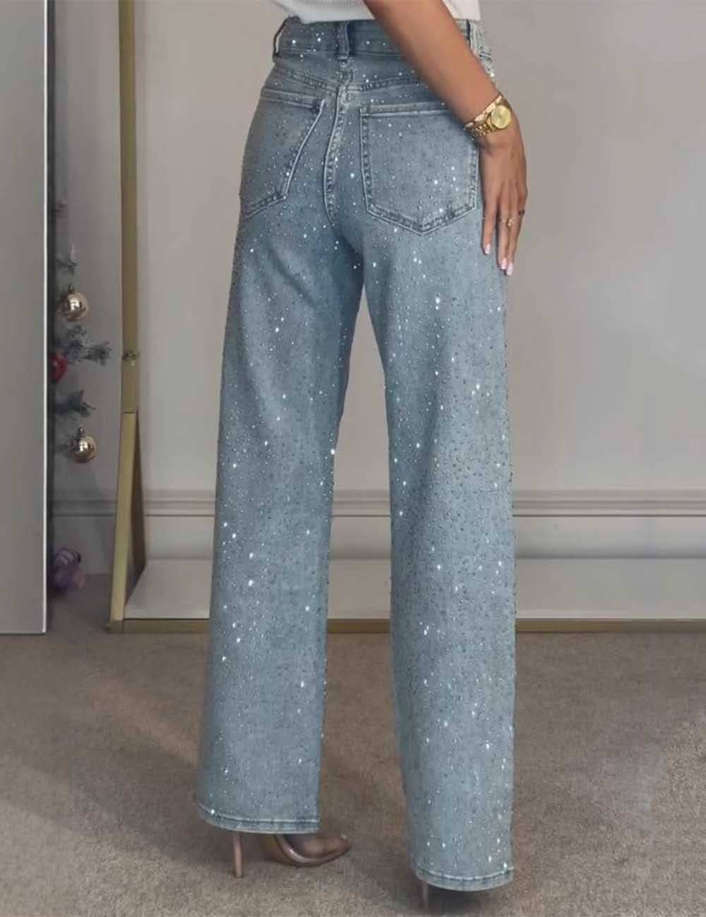 Ladies Rhinestone Button Pocket Straight Denim Pants: Denim Blue