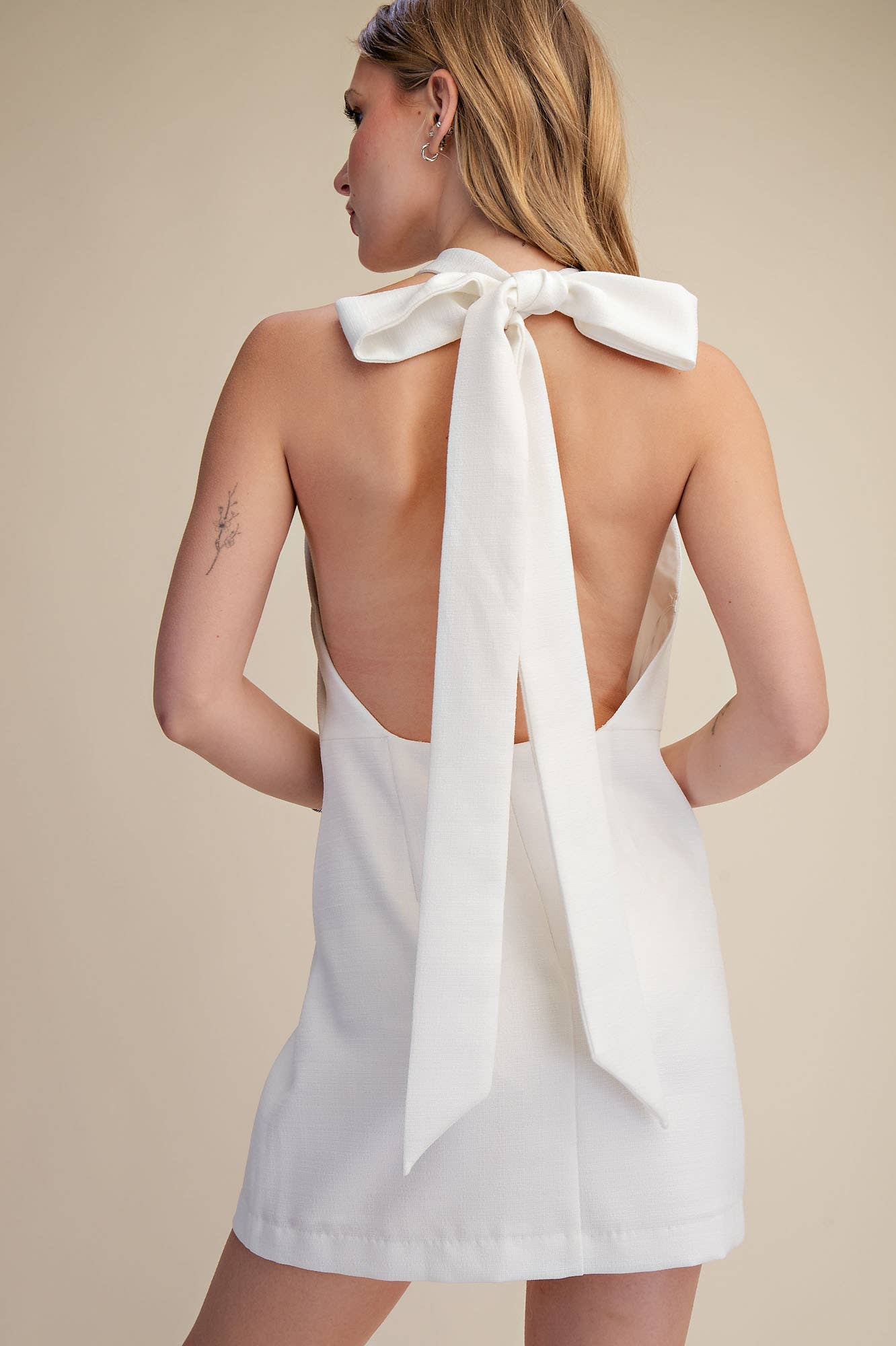 Halter Neck Open Back Bow Mini Dress: White
