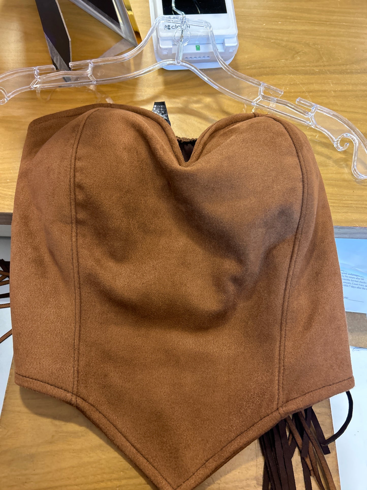 Strapless velvet fringe top