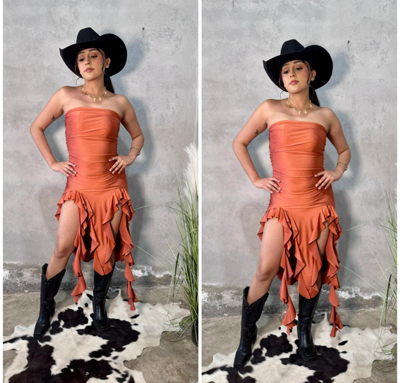 strapless ruffle dress (burnt orange)