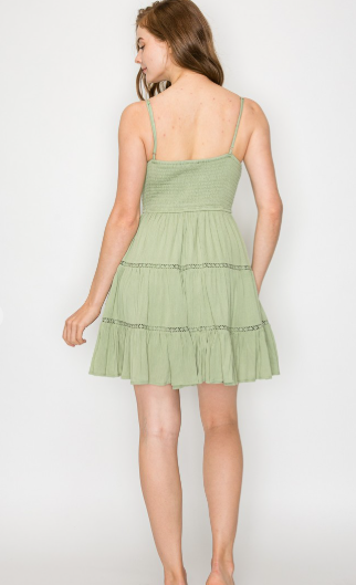Plunging Neck A-Line Silhouette Mini Dress (Olive)