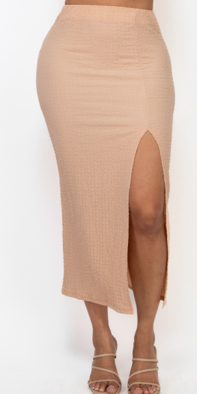Solid Front Slit High-Rise Stretchy Skirt - Beige