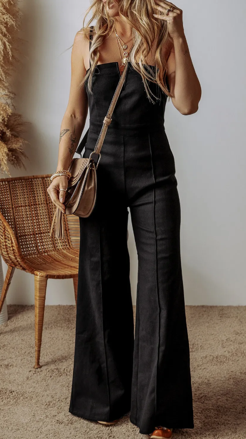 Black Seamed Zipper Spaghetti Strap High Waist Flared Jumpsuit