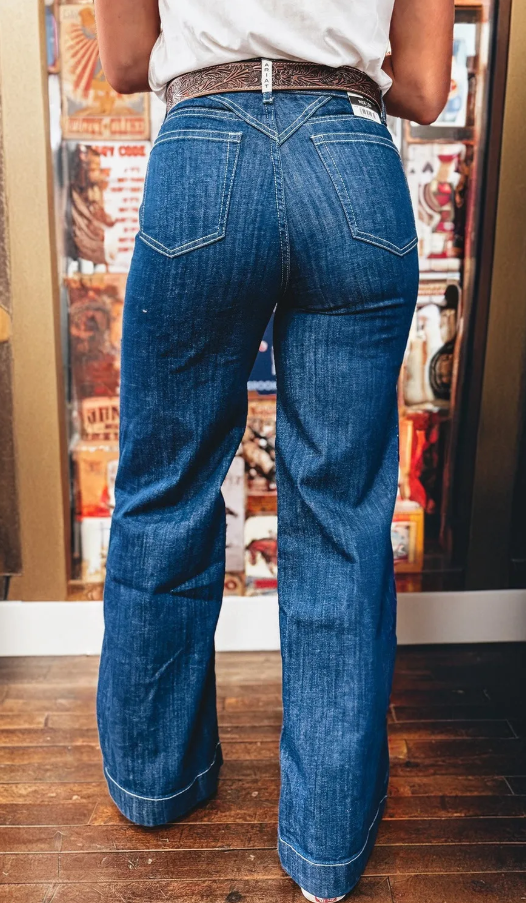 Sail Blue Stitched Waist Detail Loose Cuffed Jeans