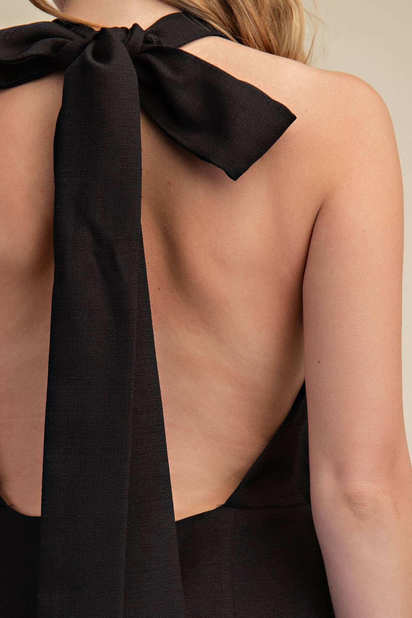 Halter Neck Open Back Bow Mini Dress: Black