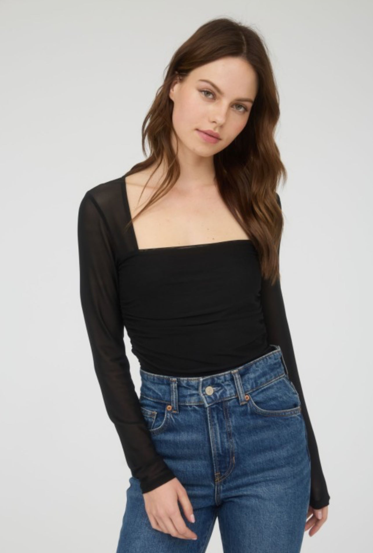 Ruched Waist Square Neck Long Sleeve Knit Top (black)