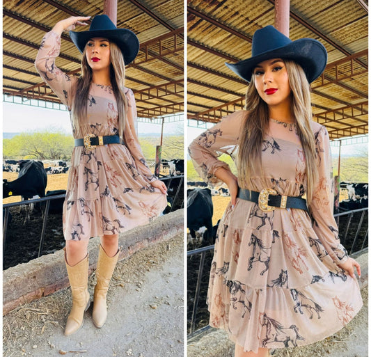 Horse print mesh dress (khaki)