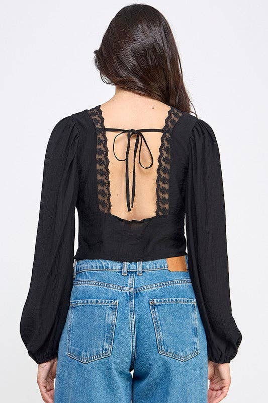 V-Neck Lace-Trim Puff Sleeve Blouse: BLACK / S-M-L/2-2-2