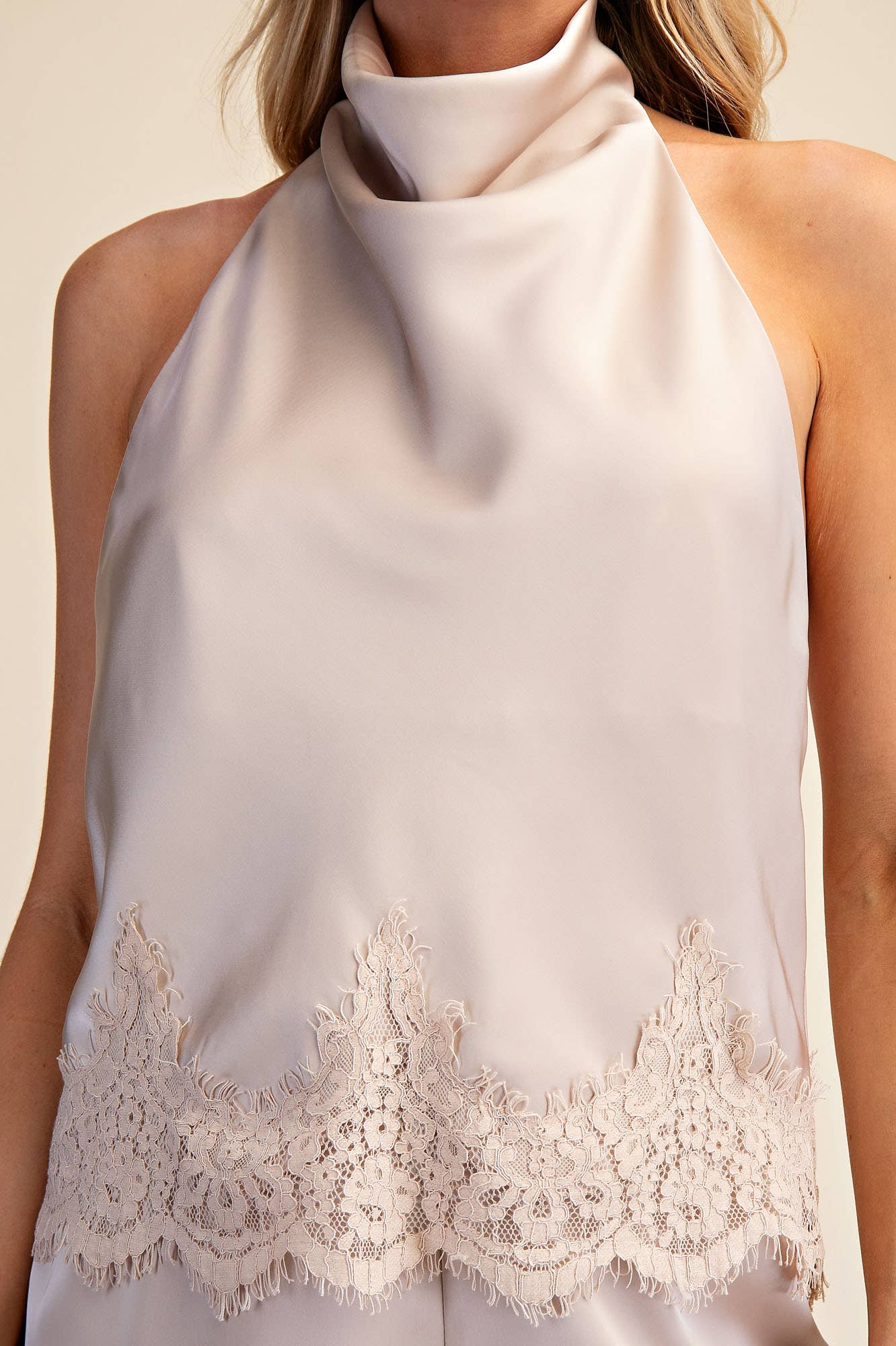 Satin Halter Neck Open Back Lace Trim Top: Almond / S