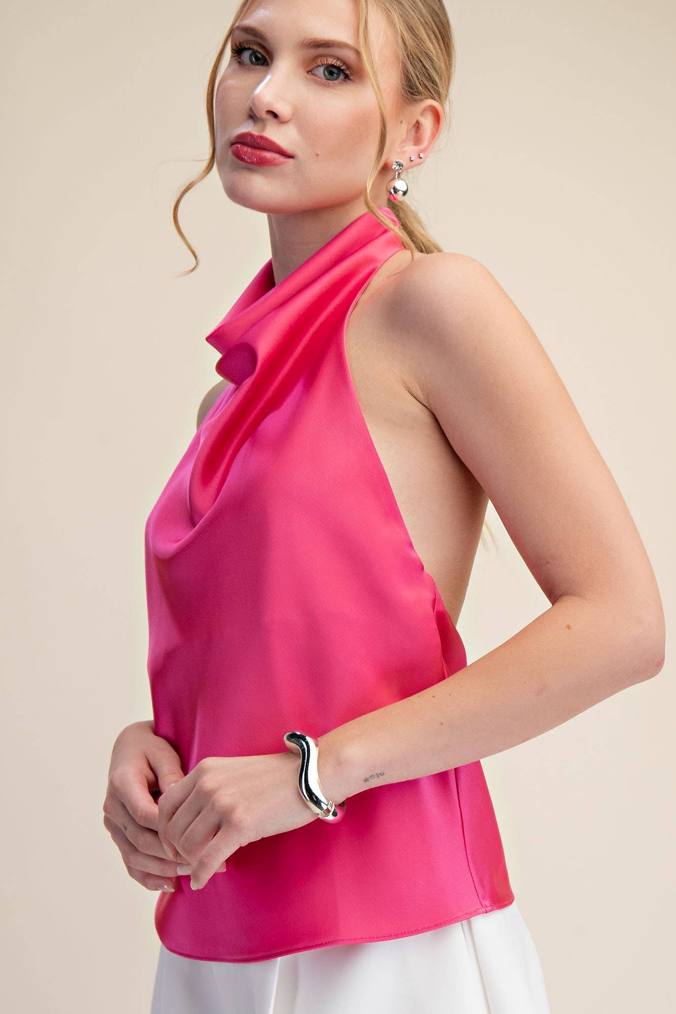 Halter Openback Neck Cowl Neck Sleeveless Satin Top
: Pink / S
