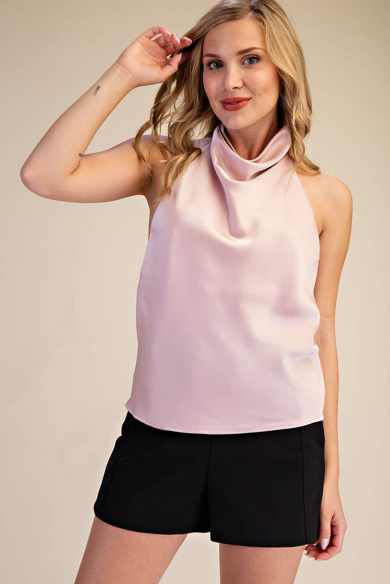 Halter Openback Neck Cowl Neck Sleeveless Satin Top
: Pink / S