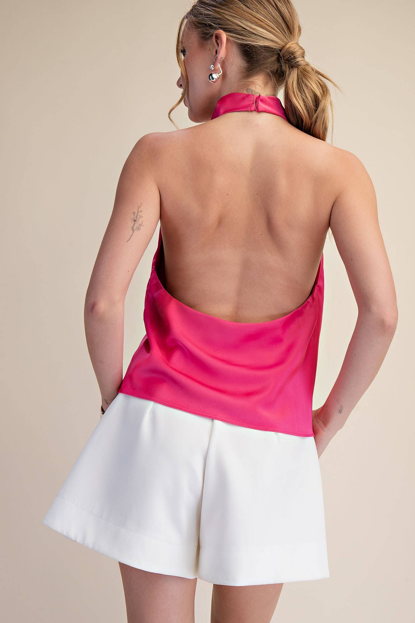 Halter Openback Neck Cowl Neck Sleeveless Satin Top
: Black / S