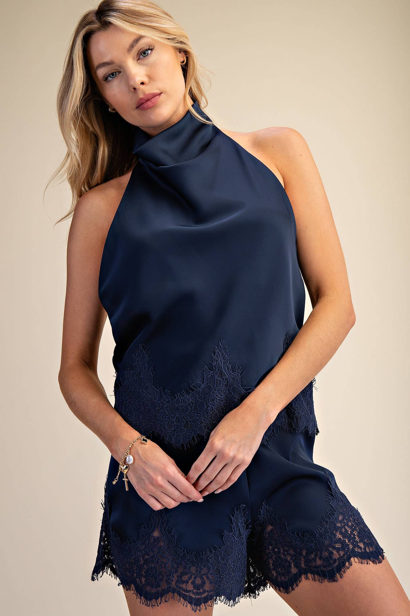 Satin Halter Neck Open Back Lace Trim Top: Navy / M