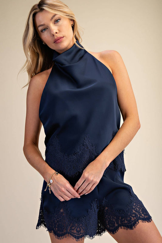 Satin Halter Neck Open Back Lace Trim Top: Navy / S