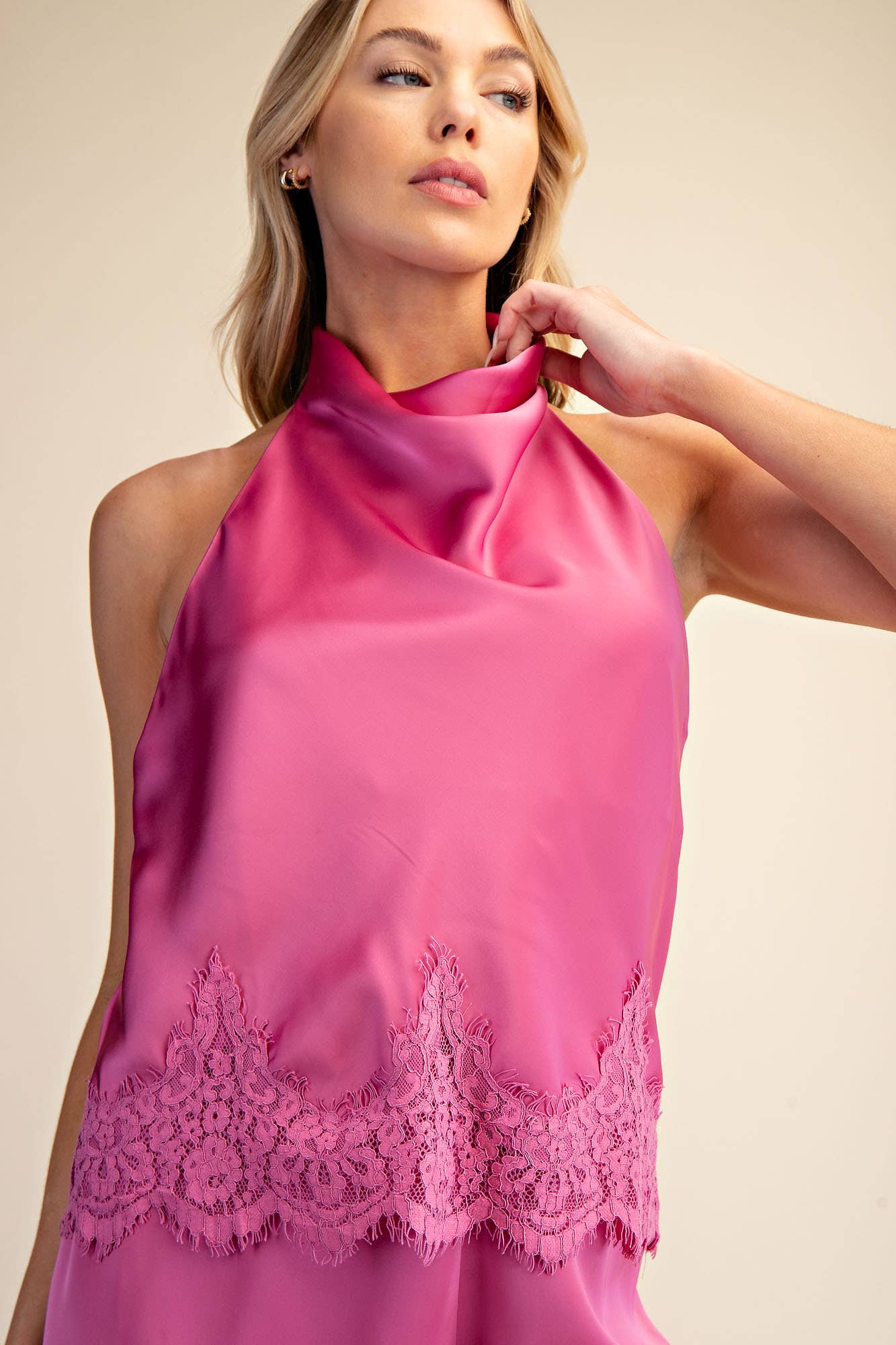 Satin Halter Neck Open Back Lace Trim Top: Navy / L
