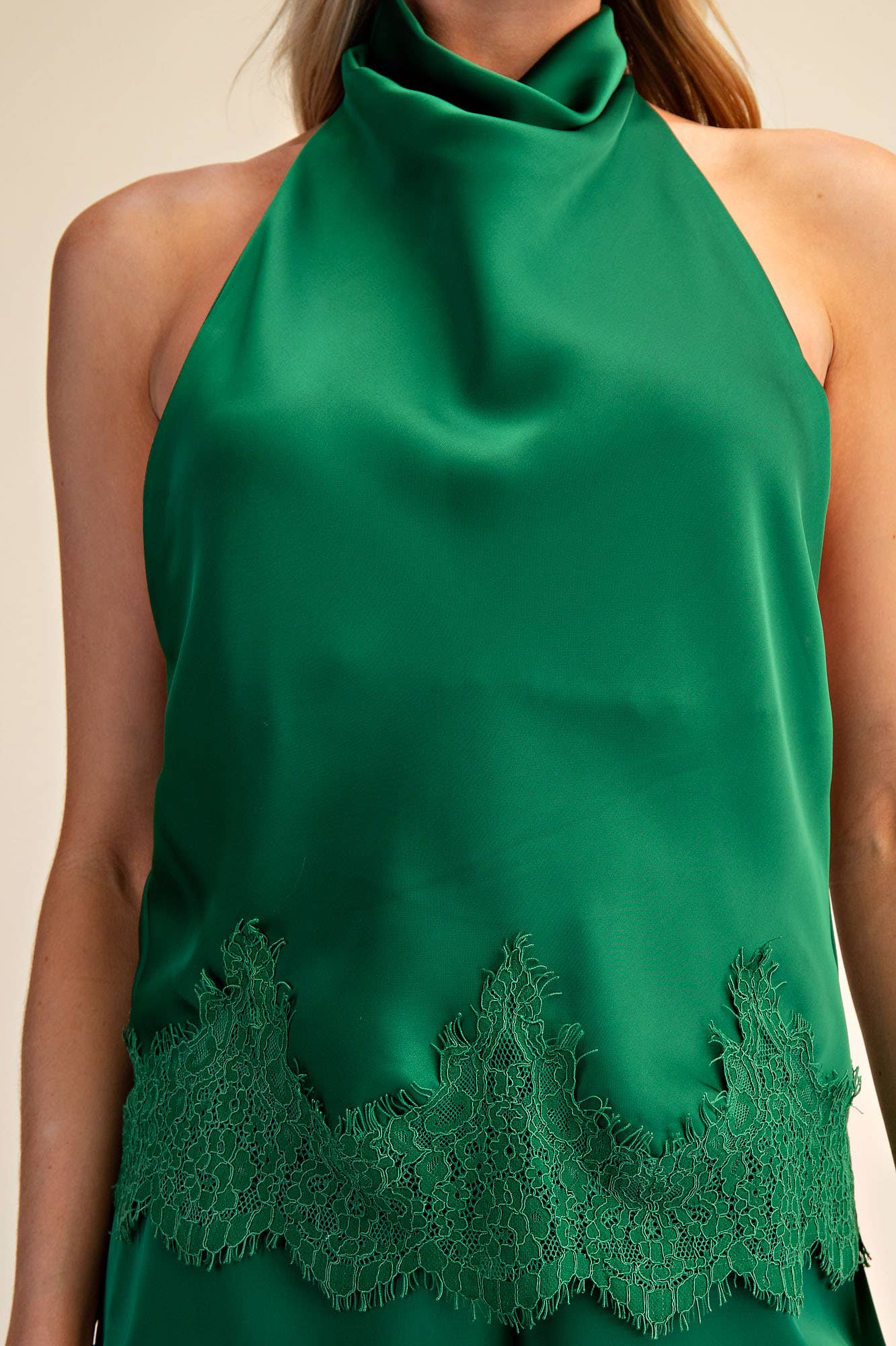 Satin Halter Neck Open Back Lace Trim Top: Almond / S