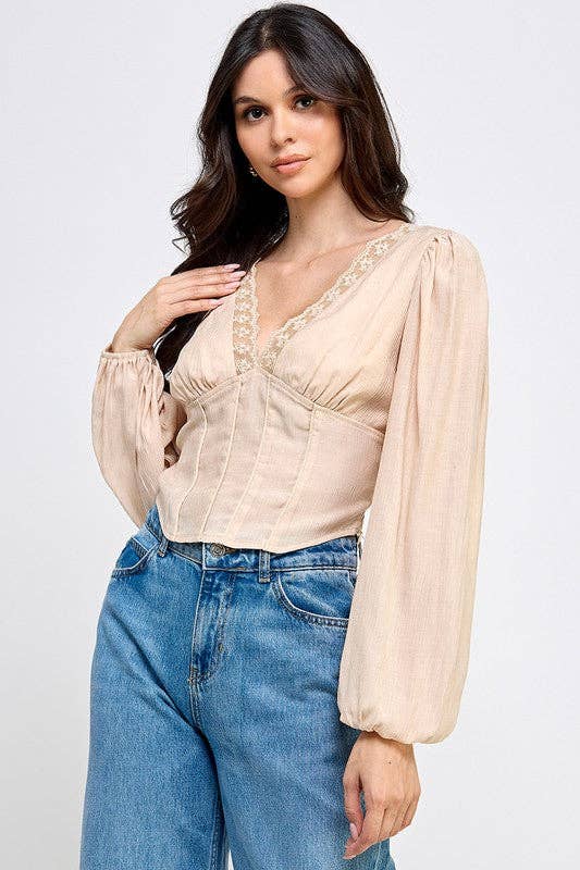 V-Neck Lace-Trim Puff Sleeve Blouse: BLACK / S-M-L/2-2-2