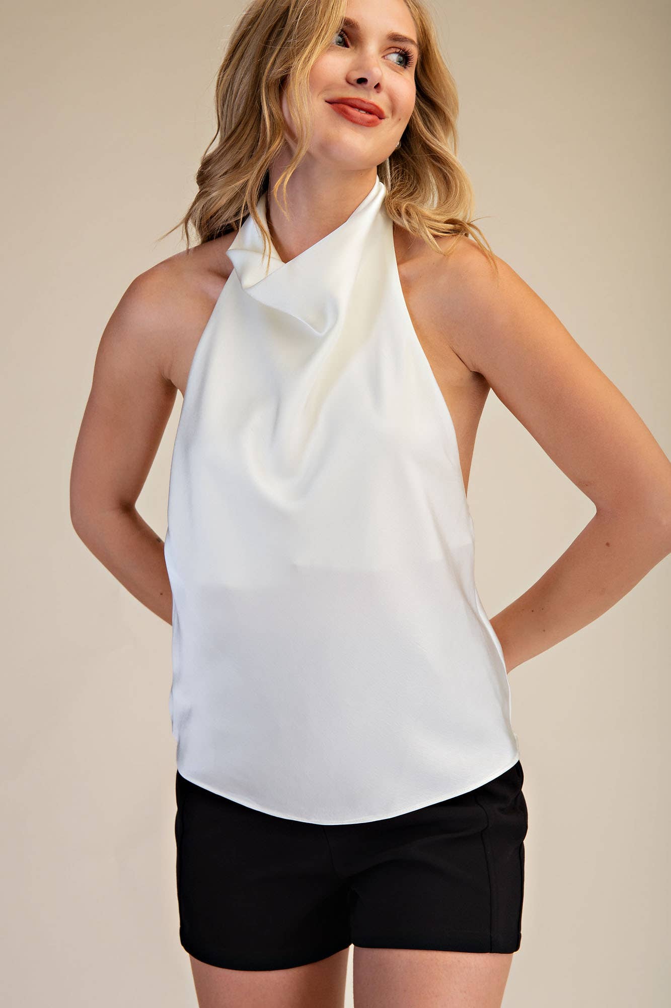 Halter Openback Neck Cowl Neck Sleeveless Satin Top
: Black / S