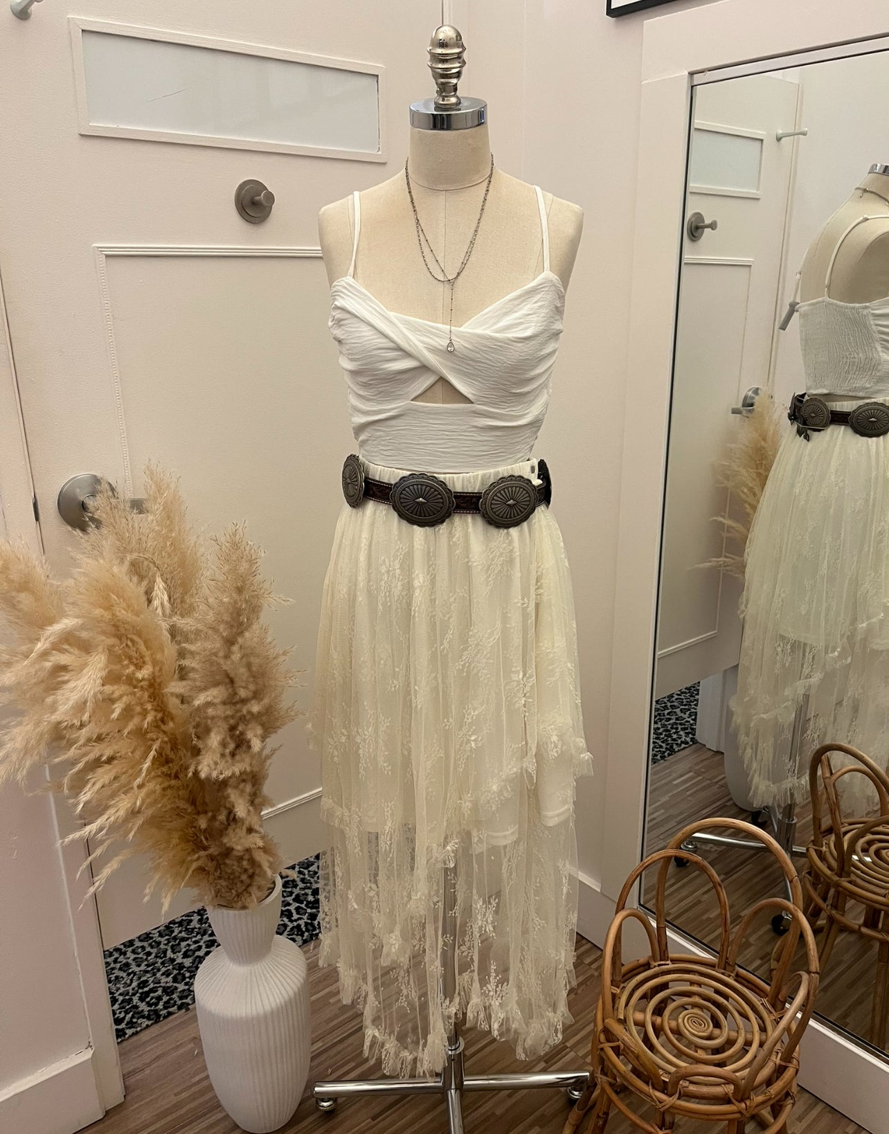 Beige Lace Cascading Flowy Skirt