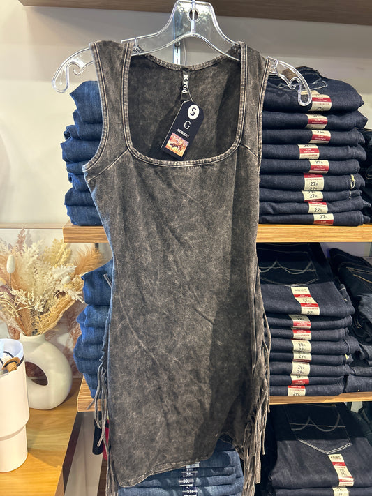 Charcoal fringe mini dress