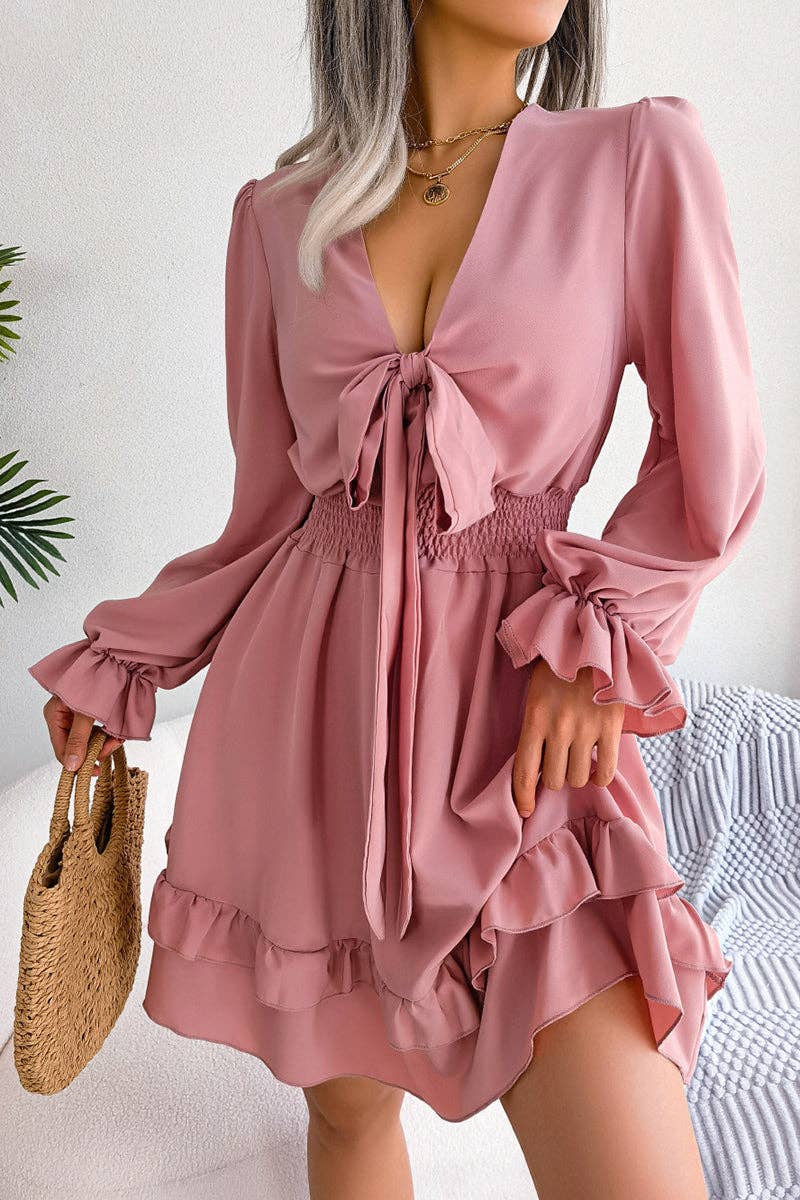 Bow Tie Front Casual Dress: PINK