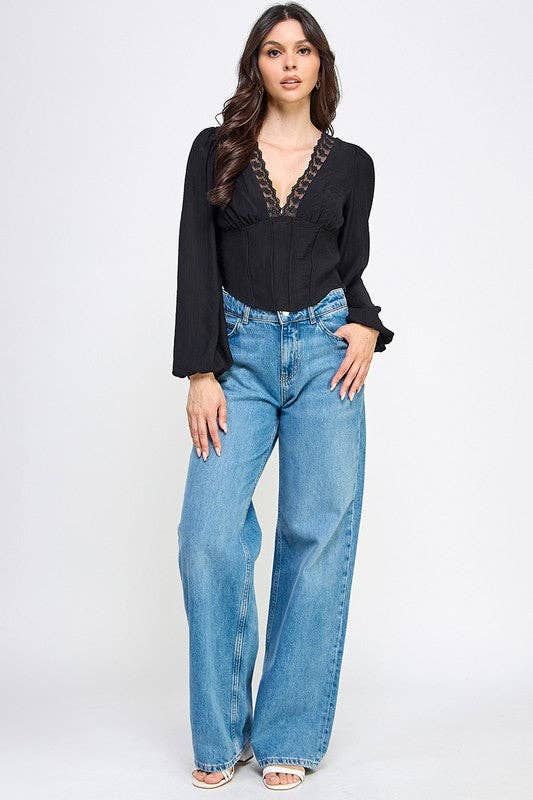 T5333 V-Neck Lace-Trim Puff Sleeve Blouse: BEIGE / S-M-L/2-2-2