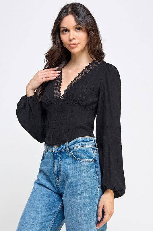 T5333 V-Neck Lace-Trim Puff Sleeve Blouse: BEIGE / S-M-L/2-2-2