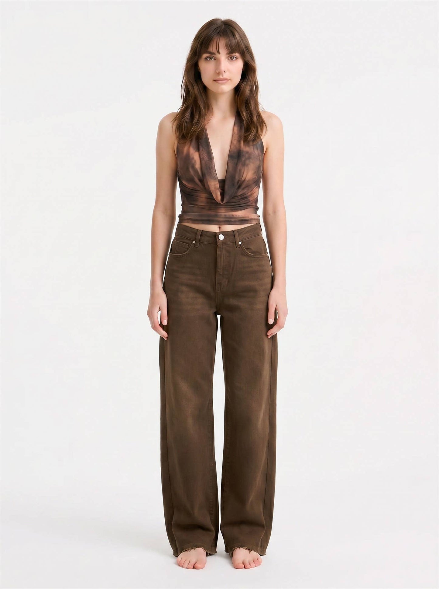 SHEER DRAPED HALTER PLUNGE TOP: BROWN / S-M-L(2-2-2)