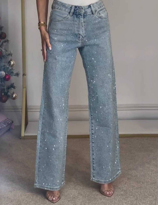 Ladies Rhinestone Button Pocket Straight Denim Pants: Denim Blue