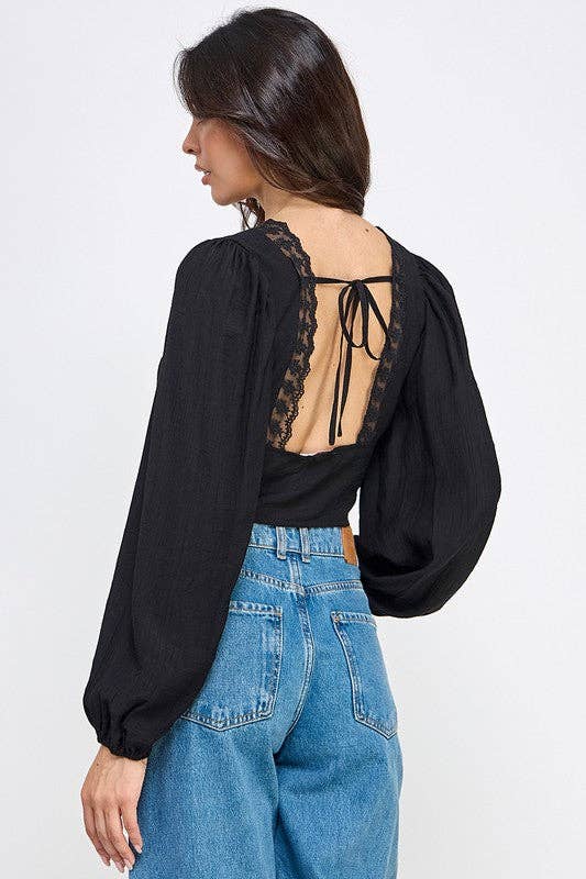 V-Neck Lace-Trim Puff Sleeve Blouse: BLACK / S-M-L/2-2-2