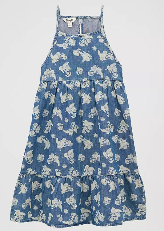 GIRL'S SLEEVELESS PRINTED DENIM SWING DRESS