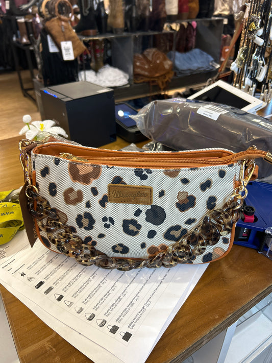 WG436-818BR Wrangler Leopard Print Canvas Shoulder Bag with Chain Strap - Brown