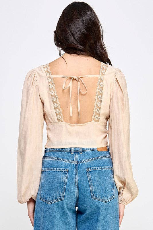 V-Neck Lace-Trim Puff Sleeve Blouse: BLACK / S-M-L/2-2-2