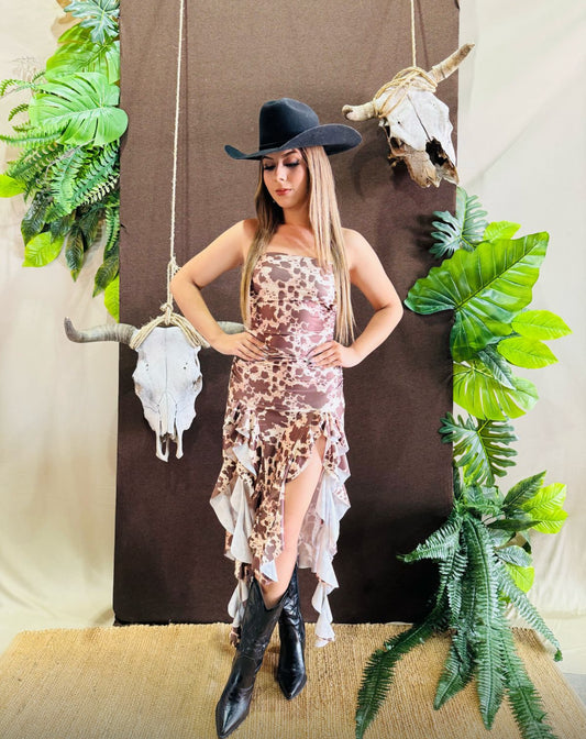 strapless ruffle dress (cow print brown)