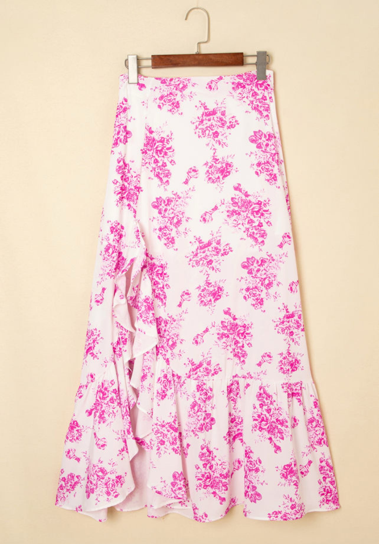 Boho Floral High Waist Ruffle Slit Skirt (Pink)