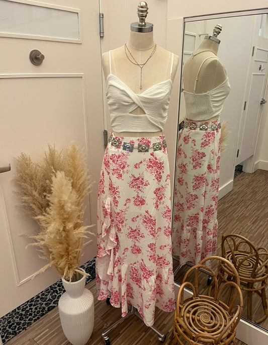 Boho Floral High Waist Ruffle Slit Skirt (Pink)