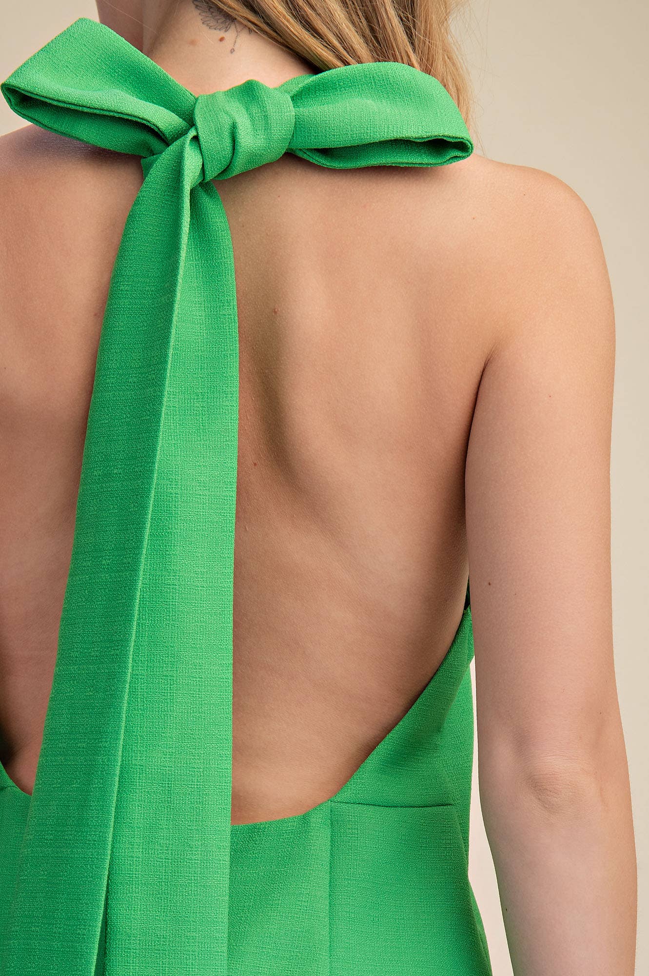 Halter Neck Open Back Bow Mini Dress: White / S