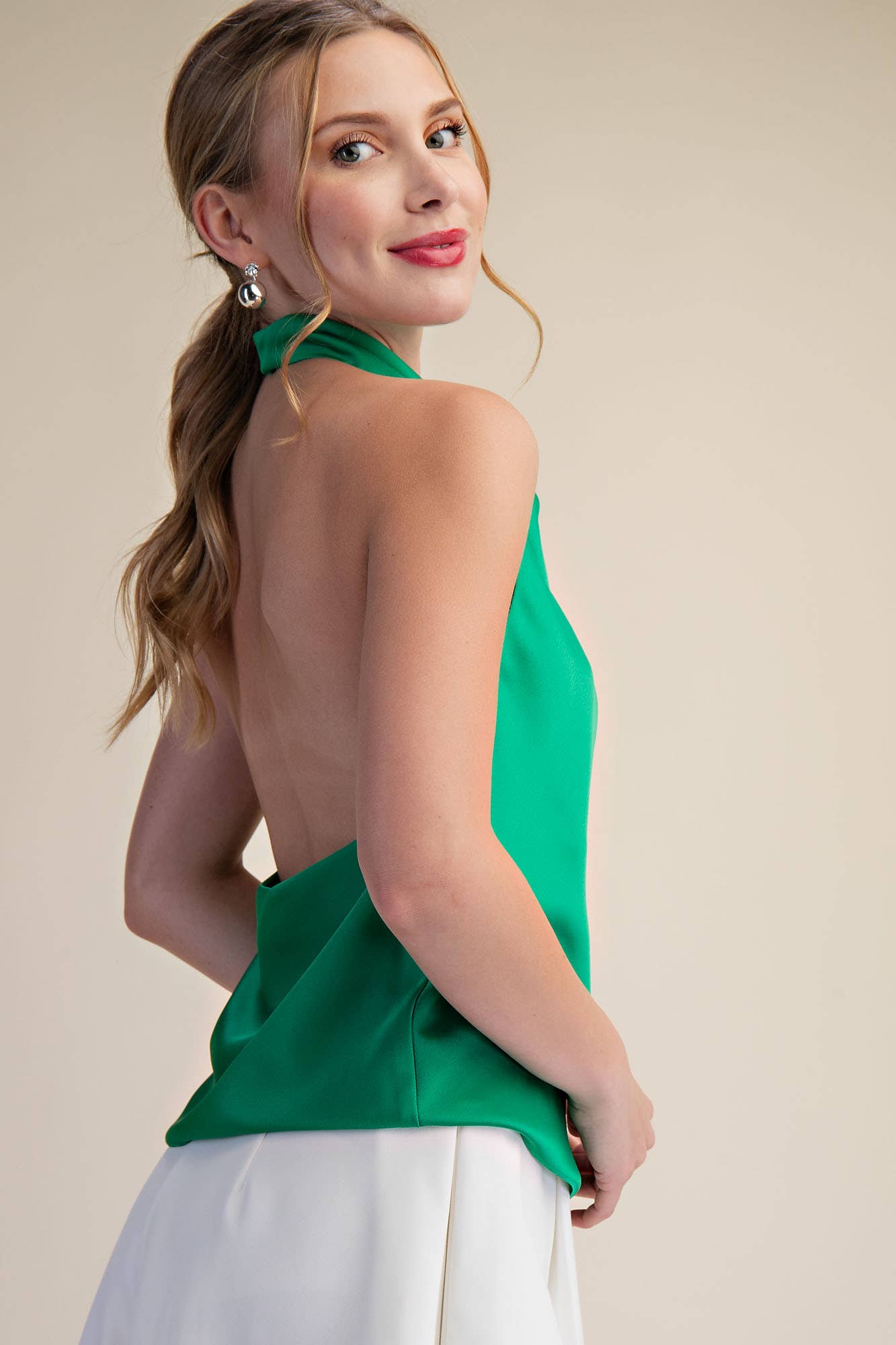 Halter Openback Neck Cowl Neck Sleeveless Satin Top
: Black / L