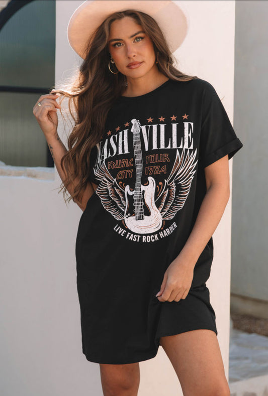 Black Nashville Guitar Print Crew Neck Dress T