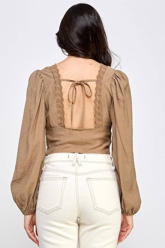 V-Neck Lace-Trim Puff Sleeve Blouse: BLACK / S-M-L/2-2-2