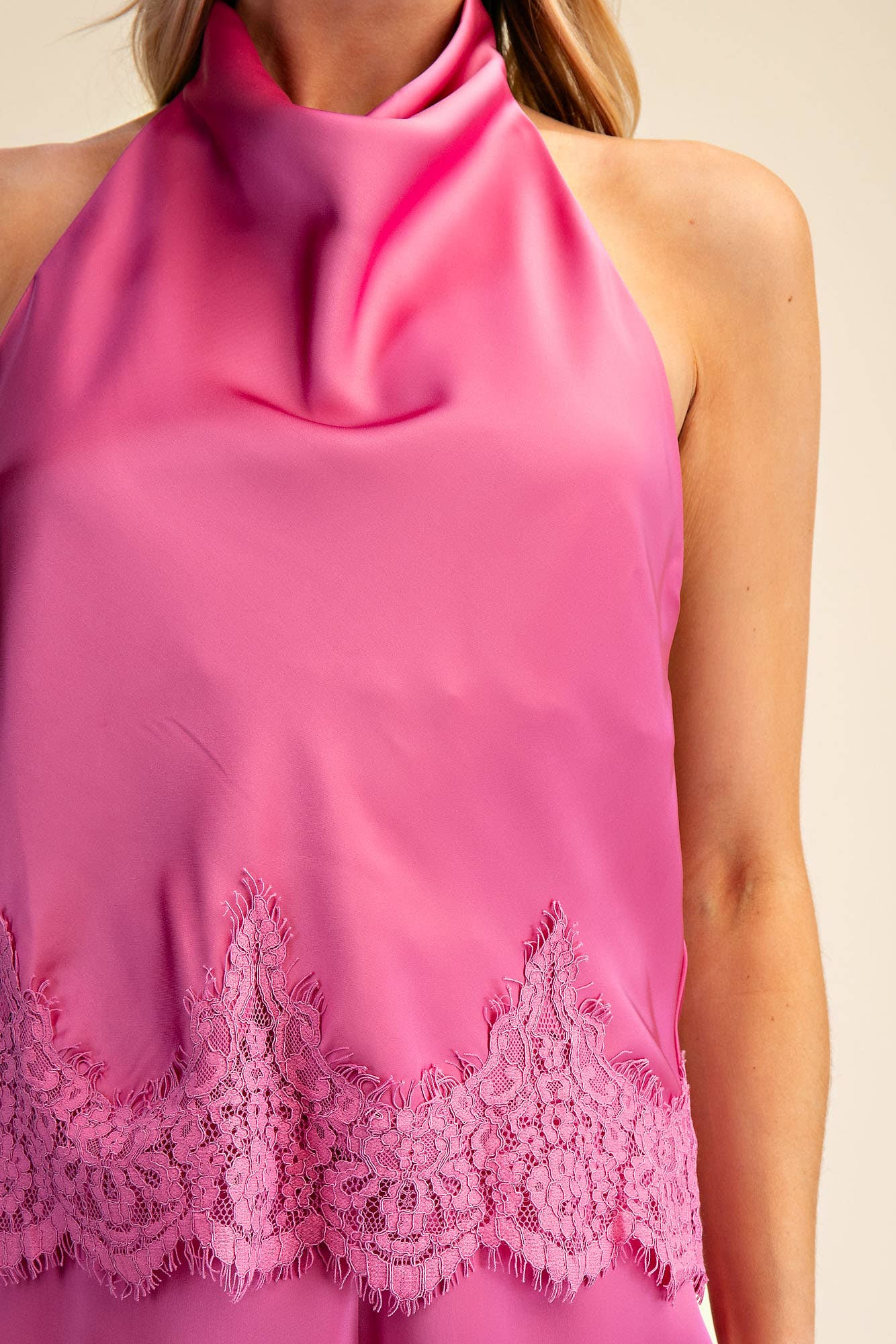 Satin Halter Neck Open Back Lace Trim Top: Almond / L