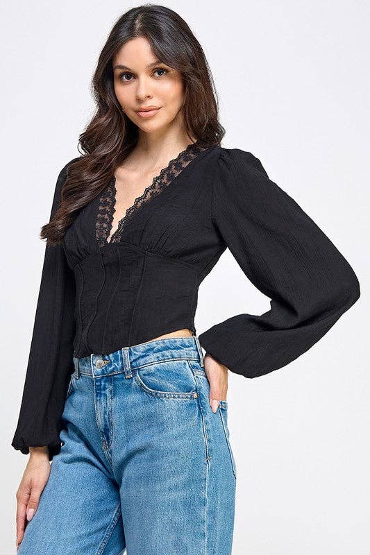 V-Neck Lace-Trim Puff Sleeve Blouse: BLACK / S-M-L/2-2-2