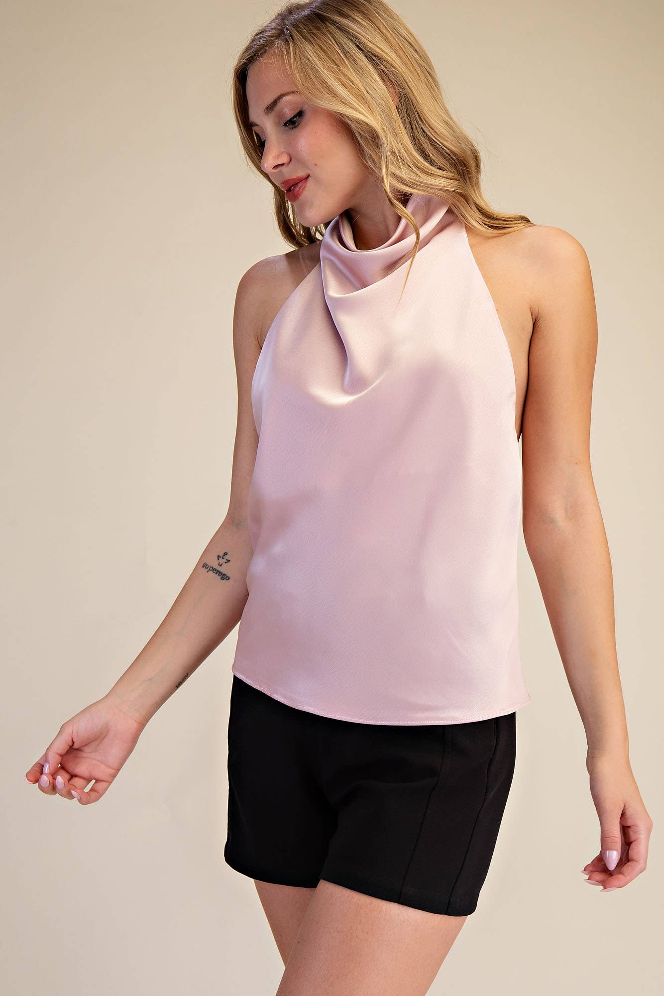 Halter Openback Neck Cowl Neck Sleeveless Satin Top
: Black / M