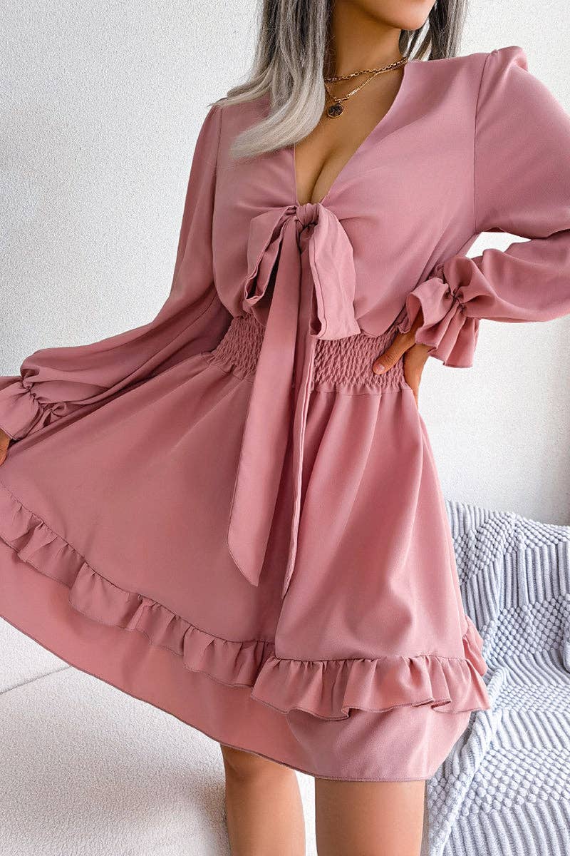Bow Tie Front Casual Dress: PINK