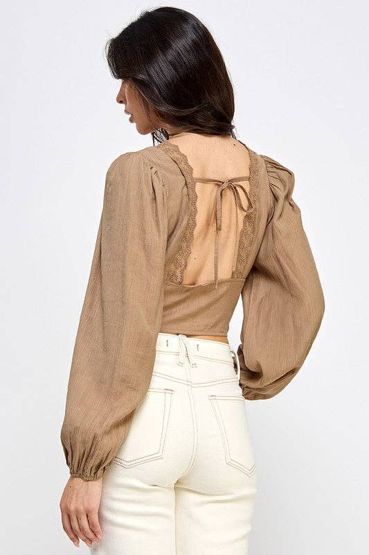 V-Neck Lace-Trim Puff Sleeve Blouse: BLACK / S-M-L/2-2-2